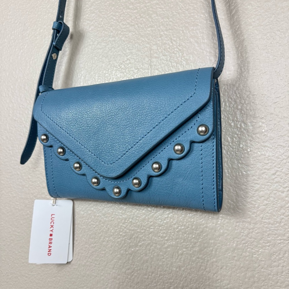 NWT Lucky Brand Ruth Leather Crossbody Organizer Bag dusty blue G